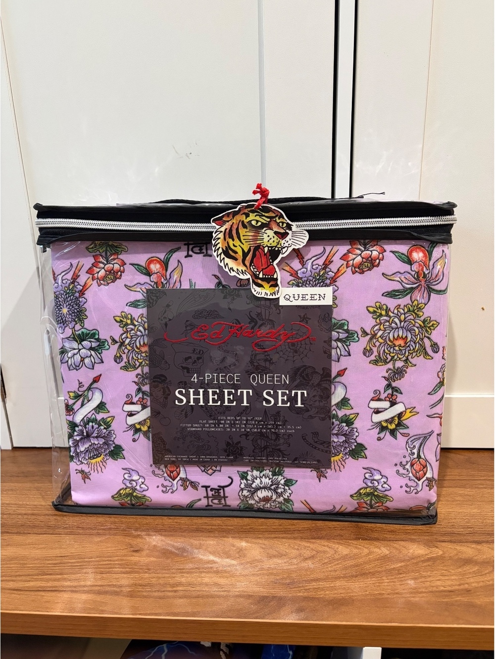 Ed Hardy 4-Piece Queen Sheet Set Pink Tattoo Floral Tiger NEW